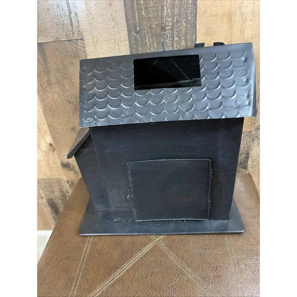 Halloween HAUNTED HOUSE Castle Tea Light Holder Black Metal Tin 12.5x9.5x12